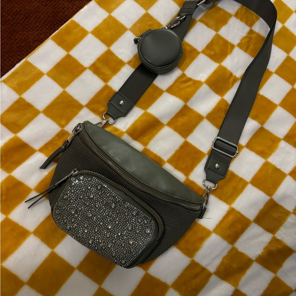 Crossbody Green Women's Bag with Rhinestone Accents